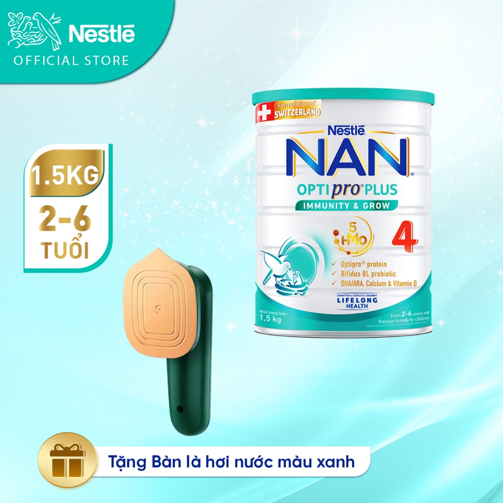 [Tặng Bàn ủi hơi nước màu xanh] Sữa bột Nestlé NAN OPTIPRO PLUS 4 1500g/lon với 5HMO Giúp tiêu hóa tốt