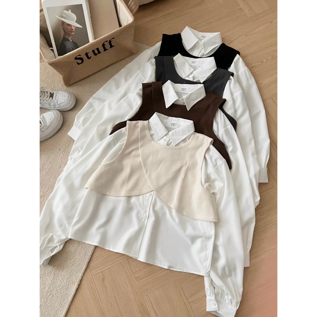 Áo sơ mi trắng dáng rộng kèm áo gile vạt chéo ulzzang Set 2 Món Áo và Gile Thời Trang Hàn Quốc