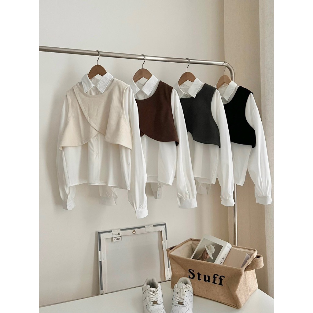Áo sơ mi trắng dáng rộng kèm áo gile vạt chéo ulzzang Set 2 Món Áo và Gile Thời Trang Hàn Quốc