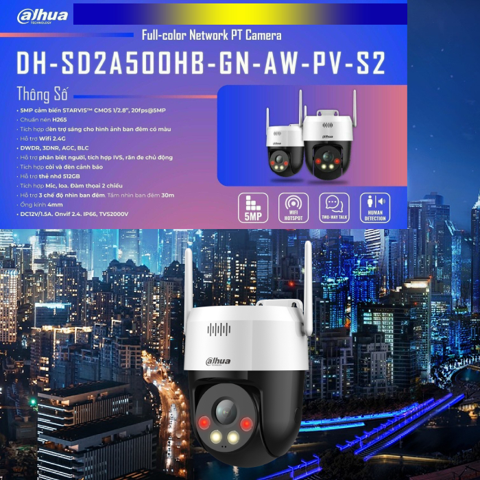 Camera PTZ wifi ngoài trời DAHUA SD2A500HB-GN-AW-PV-S2 5MP hồng ngoại full màu, đối thoại 2 chiều kèm còi báo động Komex