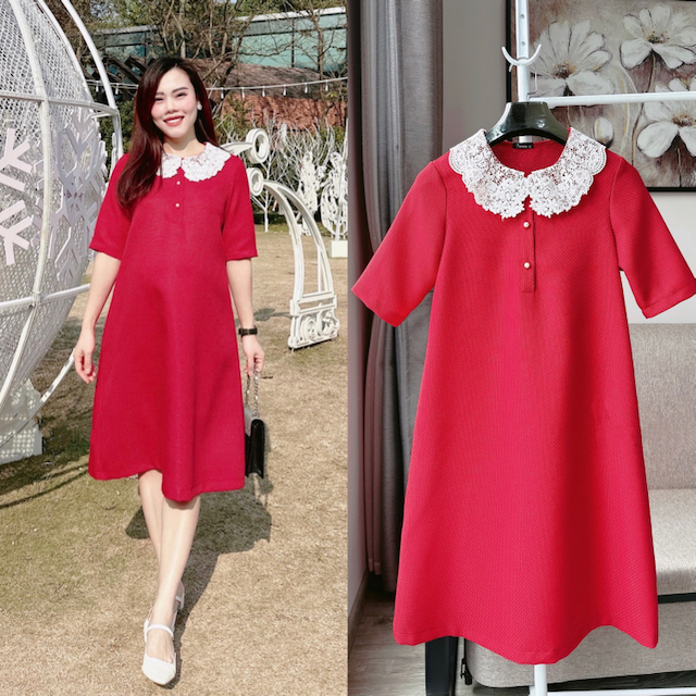 Váy bầu dạ đỏ cổ ren trắng