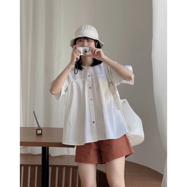 Áo sơ mi babydoll tay ngắn cúc hoa nhiều màu