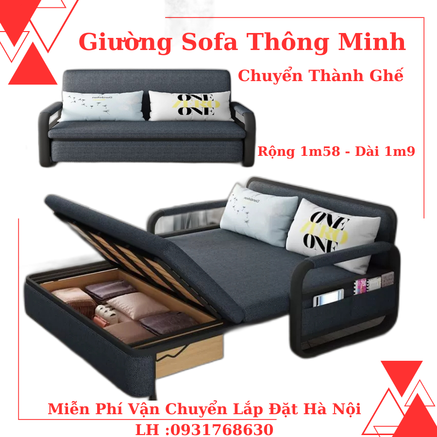 Giường sofa đa năng , ghế sofa khung sơn tĩnh điện cao cấp , có ngăn chứa đồ ( rộng 1m58 - dài 1m9 )