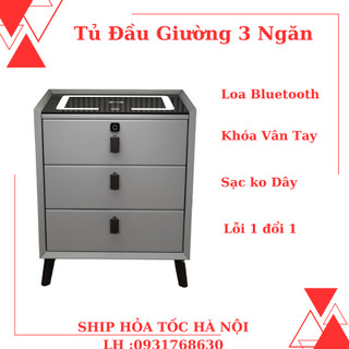 Tủ đầu giường bọc da cao cấp , tab đầu giường 3 ngăn có loa , sạc không dây , khóa vân tay đa năng
