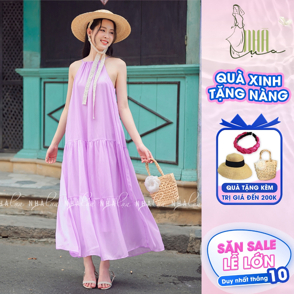 Đầm maxi đi biển nữ dáng dài cổ yếm tơ ngọc trai sang chảnh màu tím Nhà Lụa
