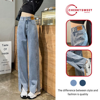  Quần jean nữ ống rộng xẻ gấu cạp cao 2 cúc CHERRYSWEET dáng xuông ống đứng thời trang Hàn Quốc T069 