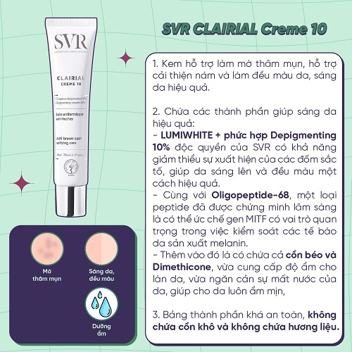 Kem hỗ trợ làm mờ nám diện rộng và làm đều màu da SVR CLAIRIAL Creme 10 (40ml)