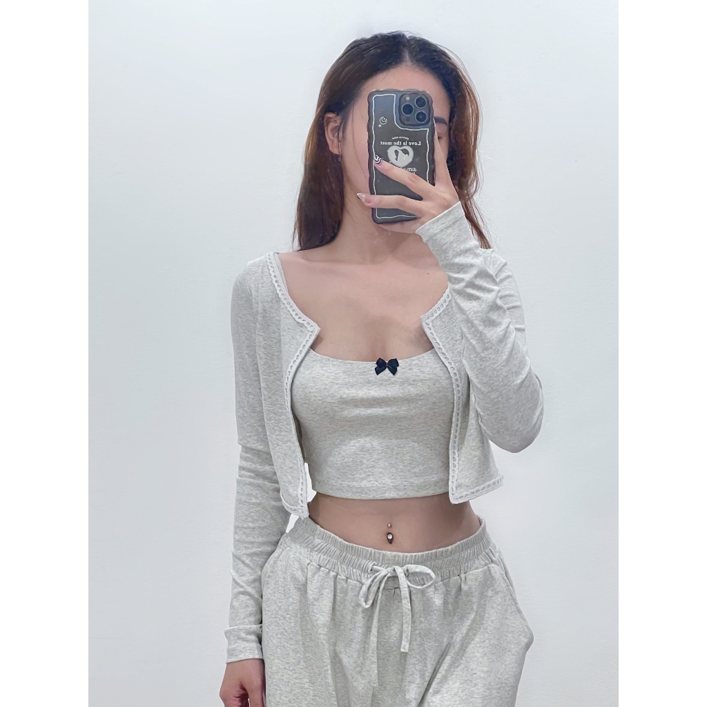 Set Áo Khoác Kèm Áo 2 Dây Đính Nơ Viền Ren Borib Cotton By.Billy