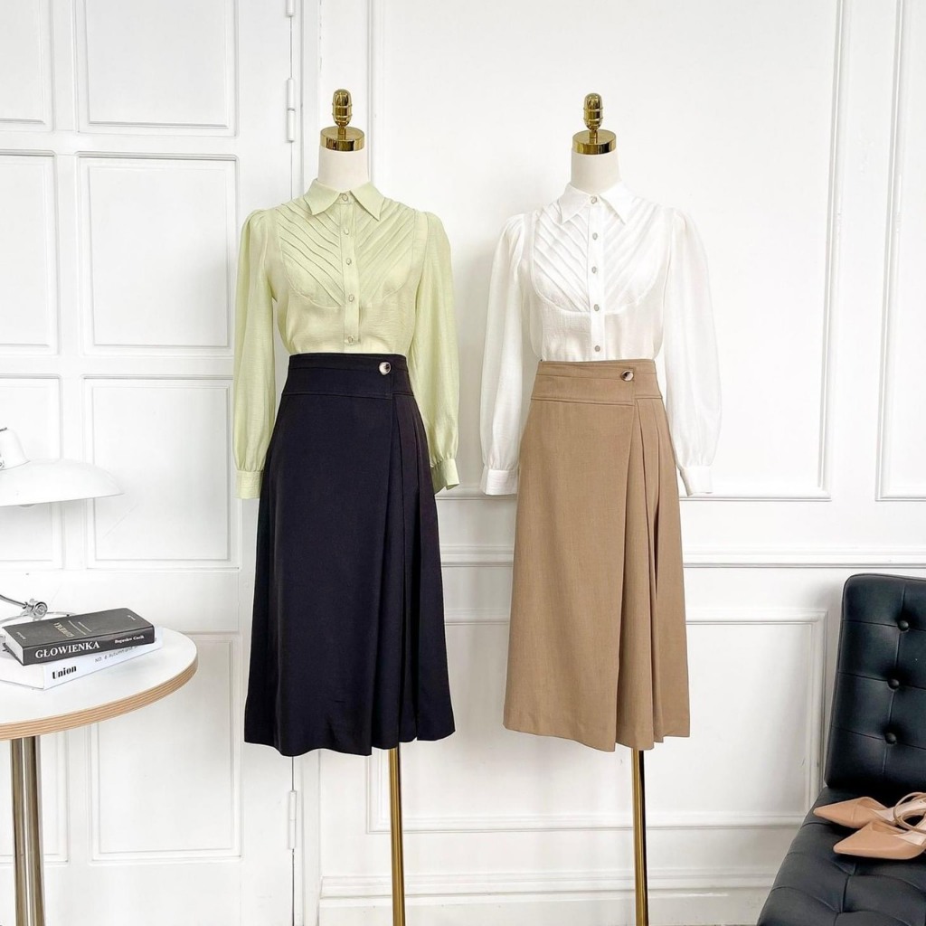 Áo sơ mi tơ xếp ly ngực vải lụa tơ