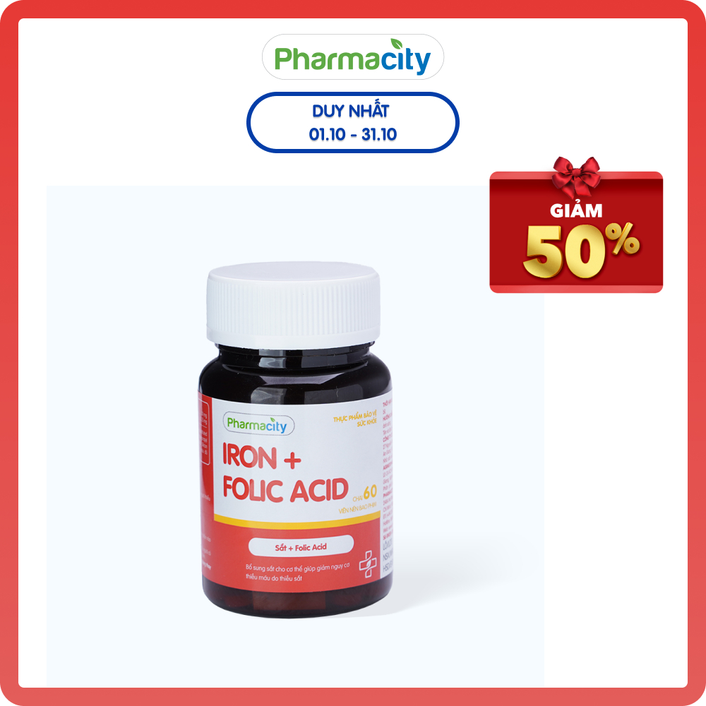 Thực phẩm bổ sung Pharmacity Iron + Folic Acid (Chai 60 viên)