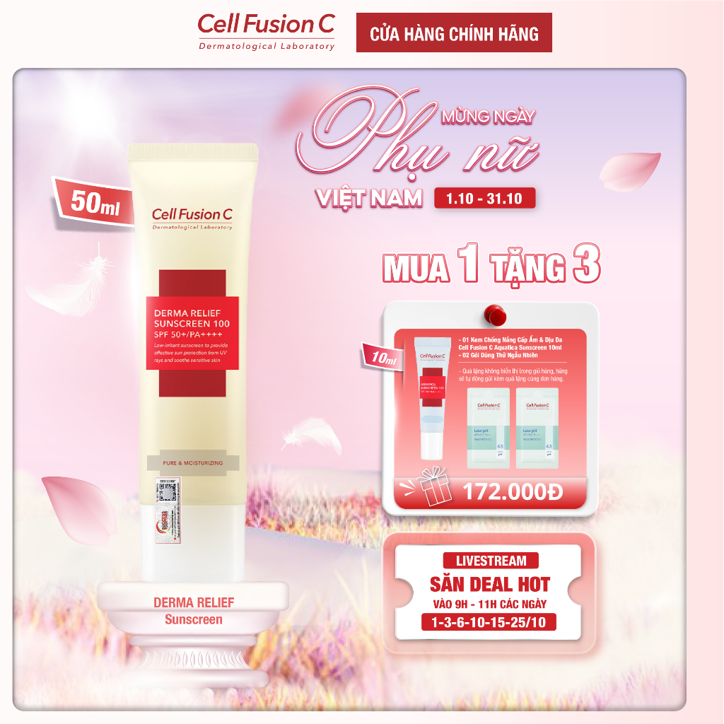 Kem Chống Nắng Thuần Vật Lý Chống Ánh Sáng Xanh Cho Da Nhạy Cảm Cell Fusion C Derma Relief Sunscreen 100 SPF 50+/PA++++