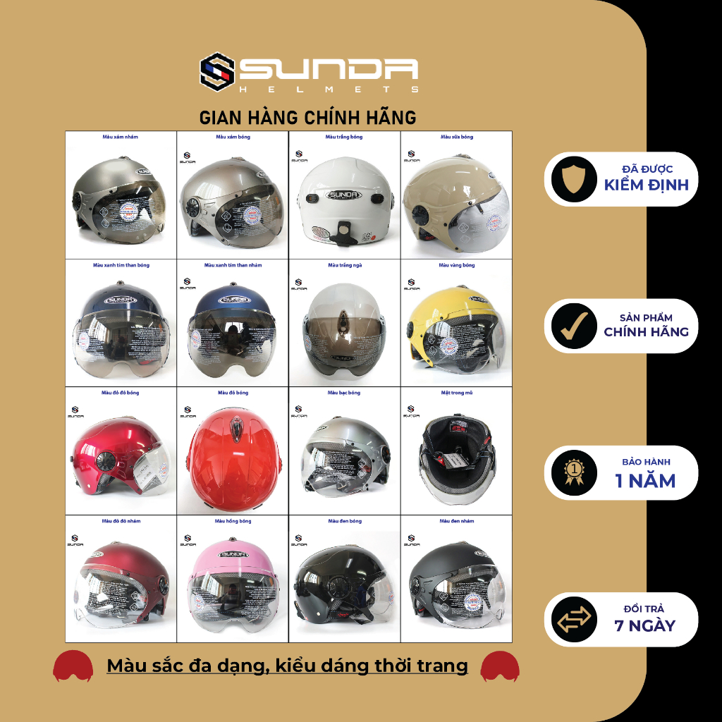 Mũ bảo hiểm nửa đầu có kính Sunda 137 mẫu mới - phù hợp cho người có size đầu trung bình hoặc hơi nhỏ