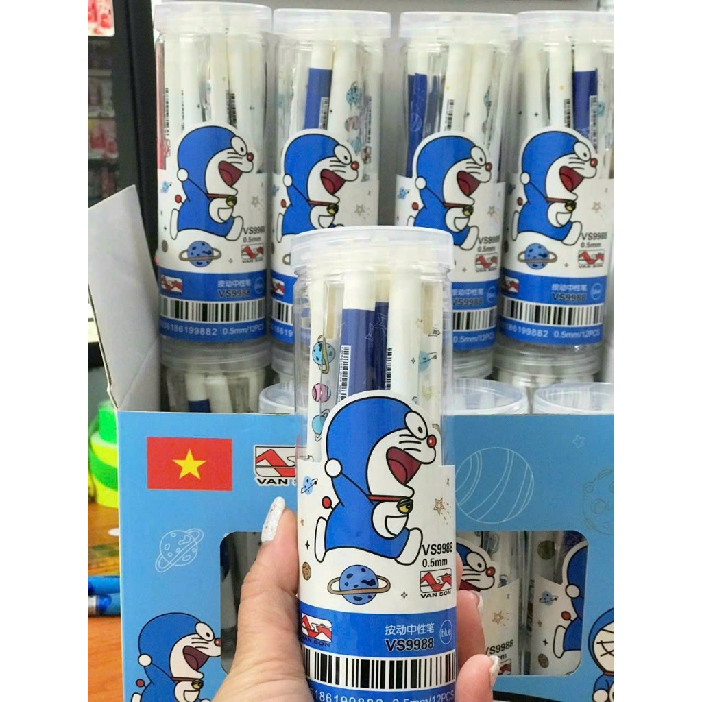Lon 12 Cây Viết Gel Bấm Xoá Được VS9990 Hình Gấu Dâu, Doreamon Ngòi 0.5mm