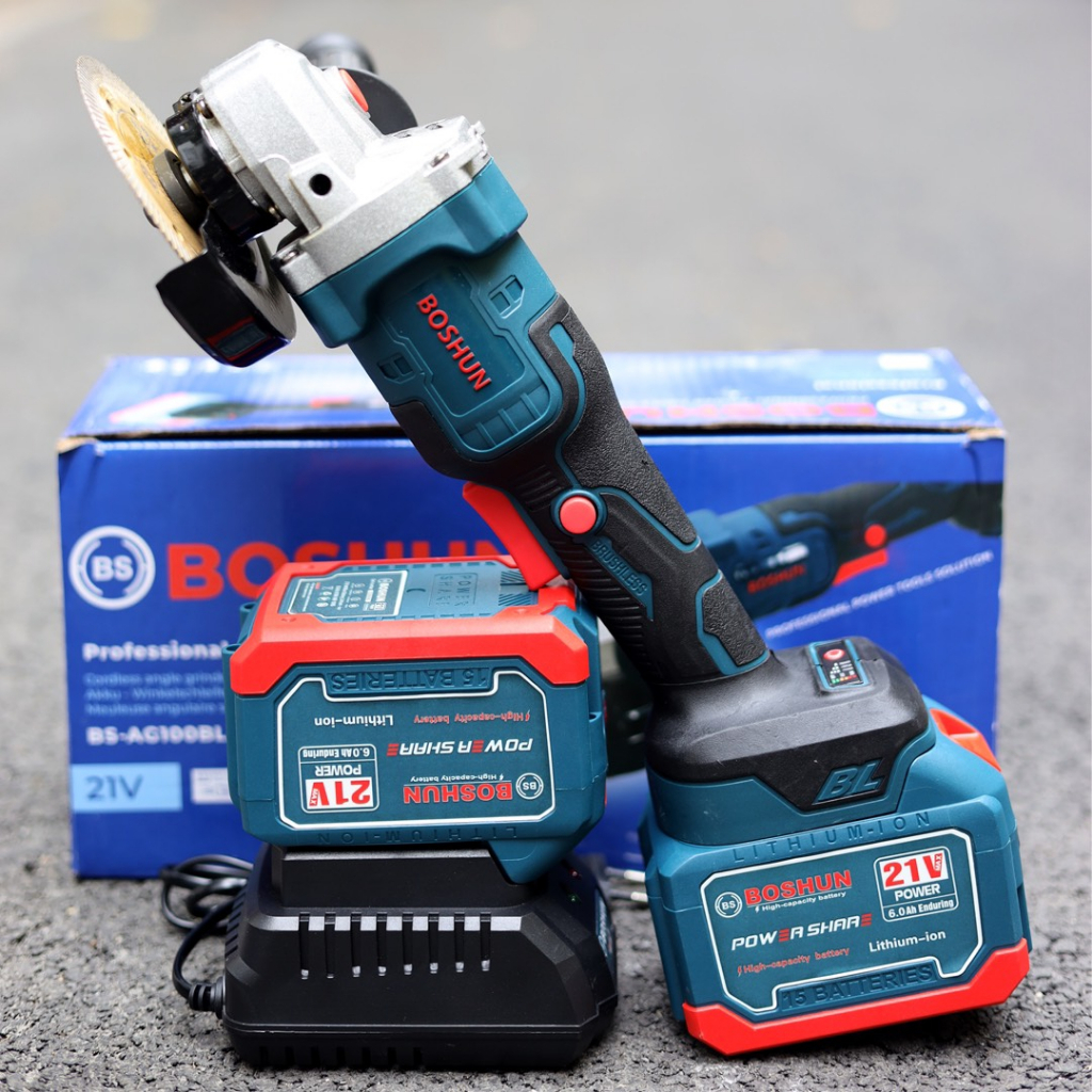 Máy Mài Pin Boshun BS-AG100BL Công Tắc Bóp, Không Chổi Than, Motor Ruột Đồng 100%, Chân Pin Phổ Thông Bảo Hành 12 Tháng
