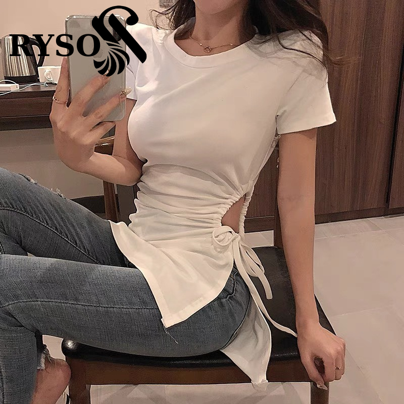 Áo Thun Khoét Bên Eo Vạt Nhọn RYSO FASHION Cộc Tay Rút Dây ￼Khoét Eo Chun Thắt Dây Phong Cách Hàn Quốc