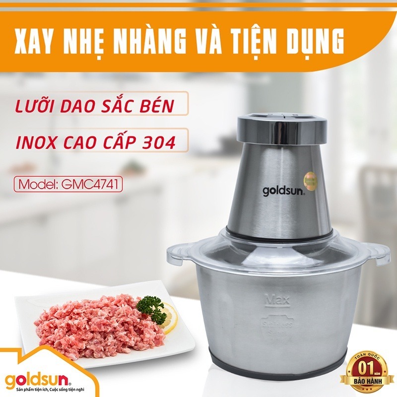 Máy xay thịt Goldsun GMC4740, công suất 500W 2L lưỡi dao 4 cánh inox 304 ko gỉ. Bảo hành chính hãng 12 tháng