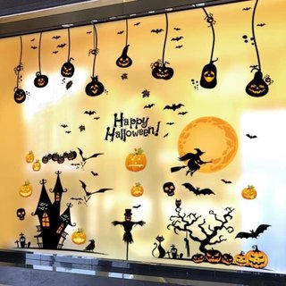 Decal 2 mặt trang trí Halloween 3D siêu thực - Giấy dán tường lễ hội Halloween in 3D có sẵn keo dán không dơ kính khi gỡ