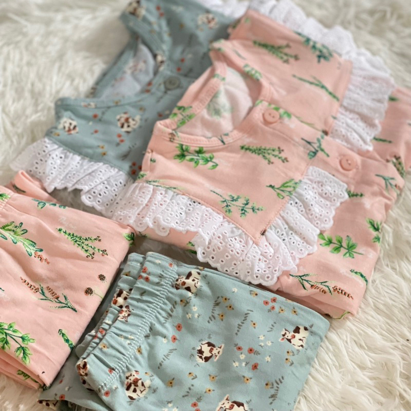 Bộ dài tay pijama nằm điều hoà bé gái Gạo Sữa cotton sơ sinh phối ren, tay bo cực xinh form thoải mái
