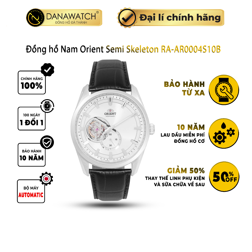Đồng hồ nam Orient Semi Skeleton RA-AR0004S10B máy cơ tự động kim giờ phút phủ dạ quang trắng phong cách thời thượng