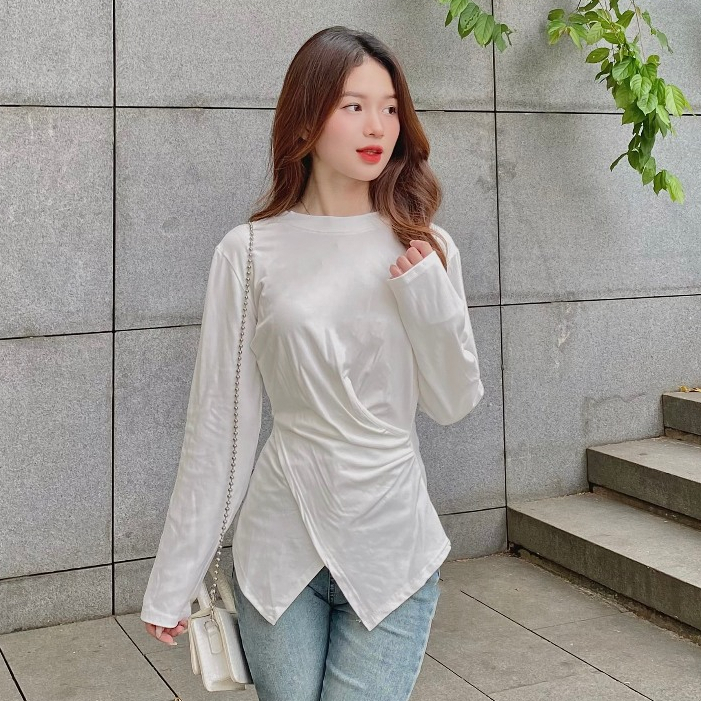 Áo thun nữ trơn dài tay cổ tròn nhúm eo vạt chéo siêu phẩm phong cách Hàn Quốc-Ao348