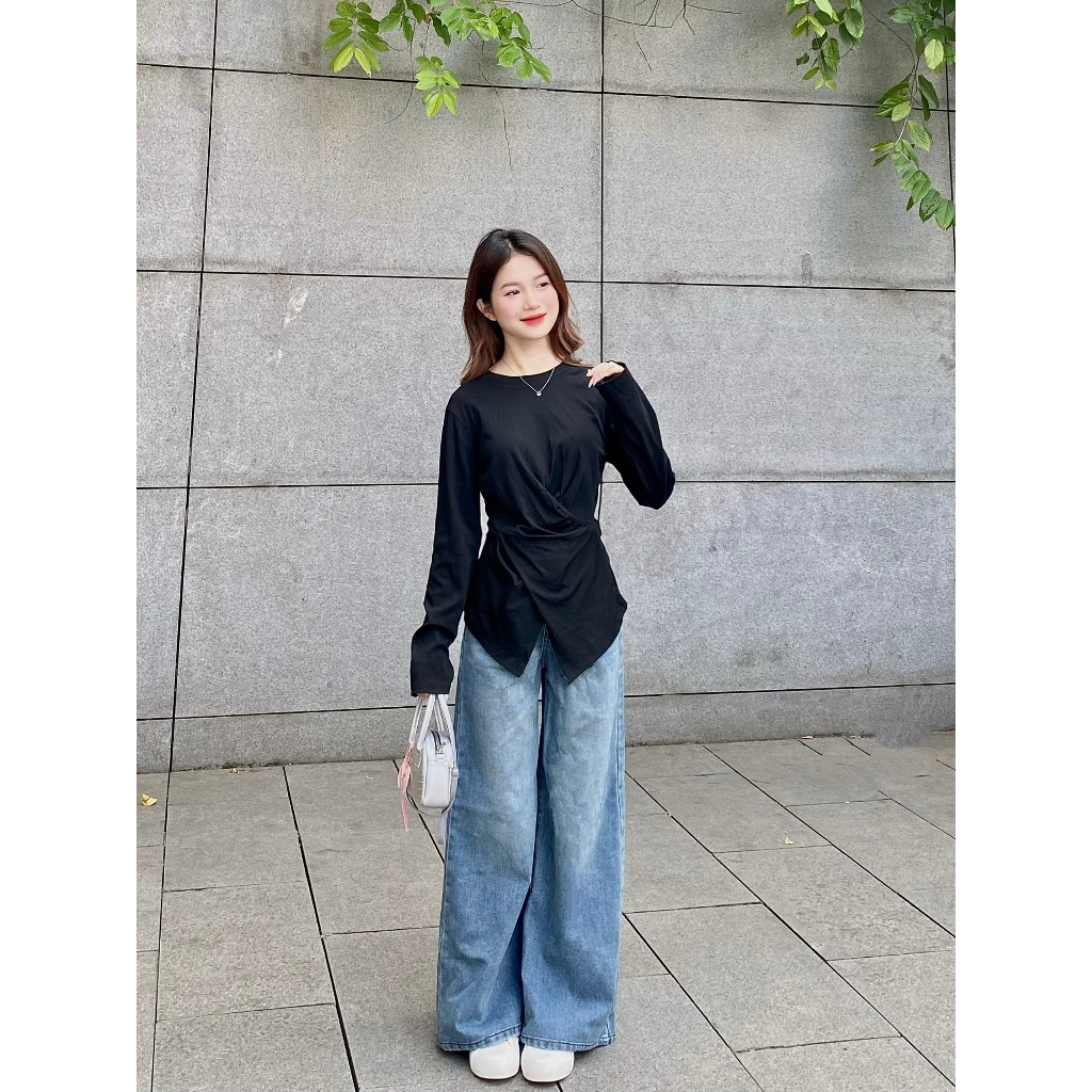 Áo thun nữ trơn dài tay cổ tròn nhúm eo vạt chéo siêu phẩm phong cách Hàn Quốc-Ao348