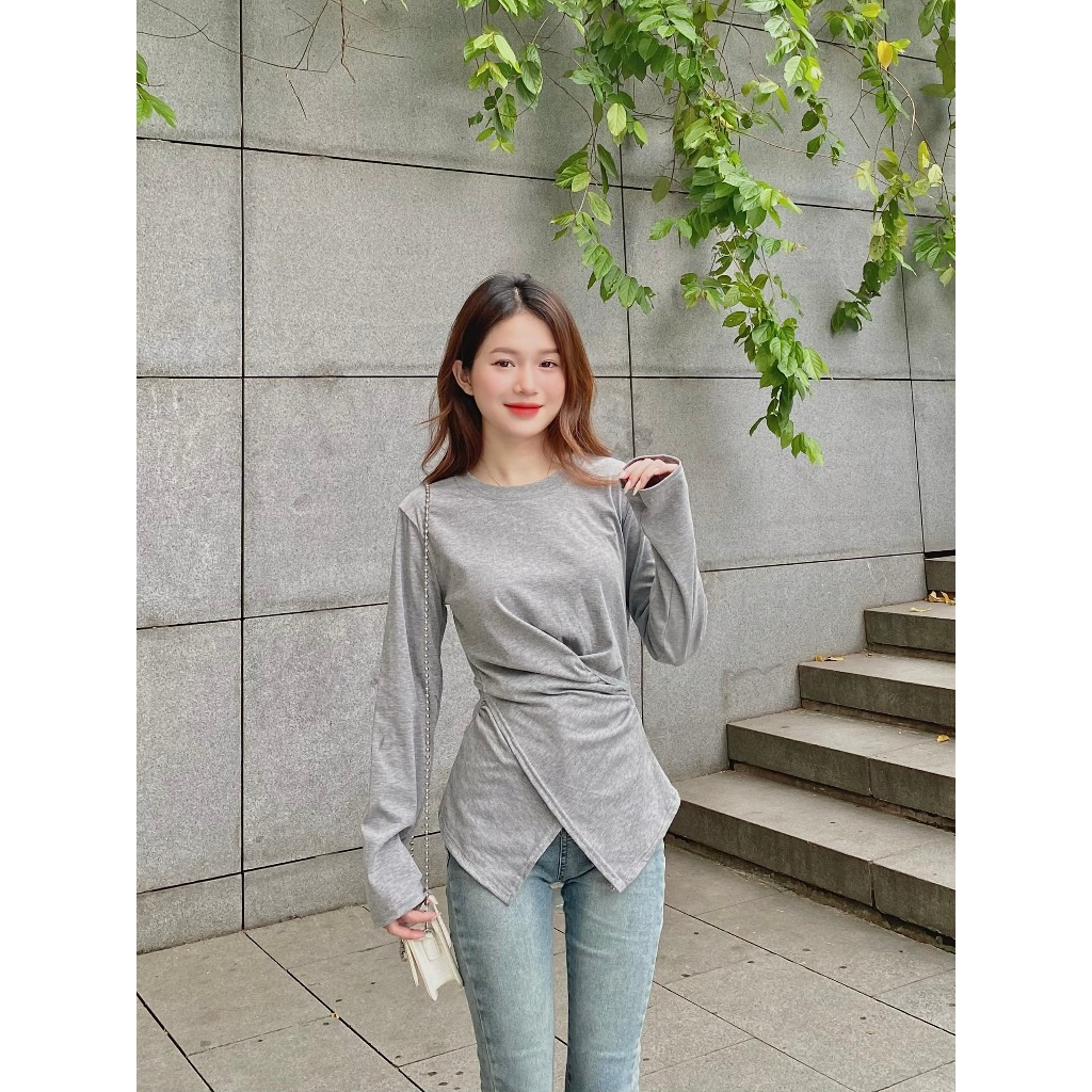 Áo thun nữ trơn dài tay cổ tròn nhúm eo vạt chéo siêu phẩm phong cách Hàn Quốc-Ao348