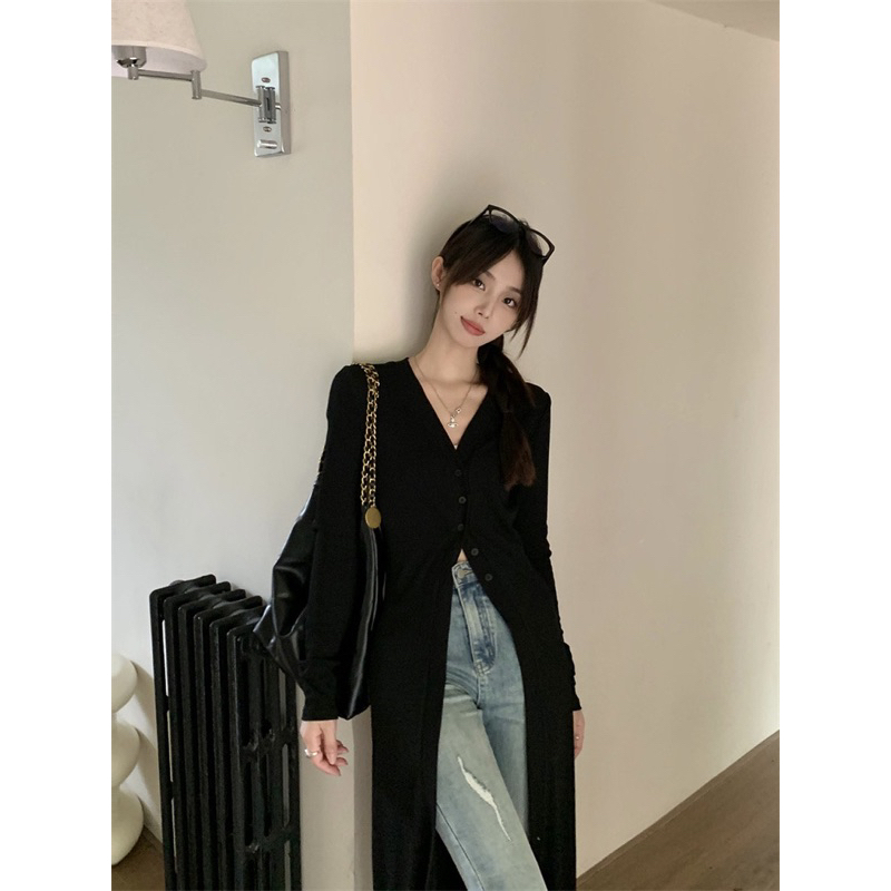 Áo cardigan len dệt kim cổ V dáng dài mỏng hottrend phong cách Hàn Quốc