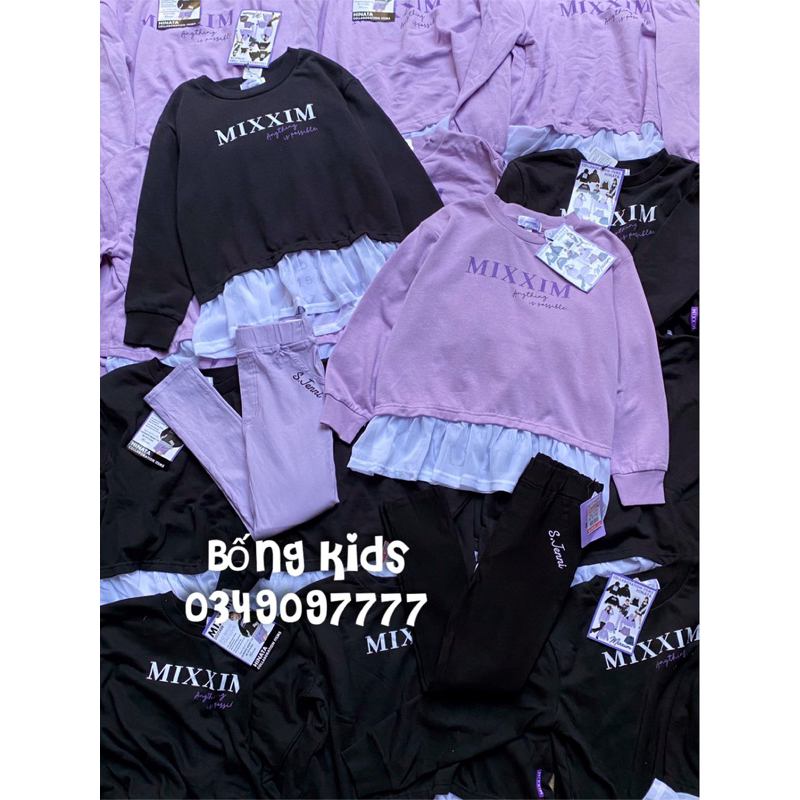 Bộ Nỉ Legging Bé Gái Phối Voan MIXXIM
