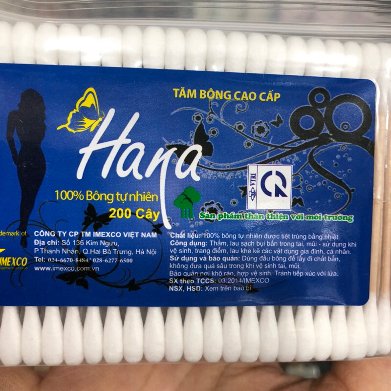 Bông tăm thân gỗ cao cấp Hana bịch 200 cây.
