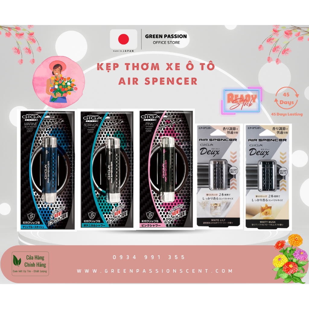 Kẹp Thơm Xe Ô Tô Cao Cấp  Air Spencer Made in Japan 100% Original Cao Cấp Với 5 Hương Thơm