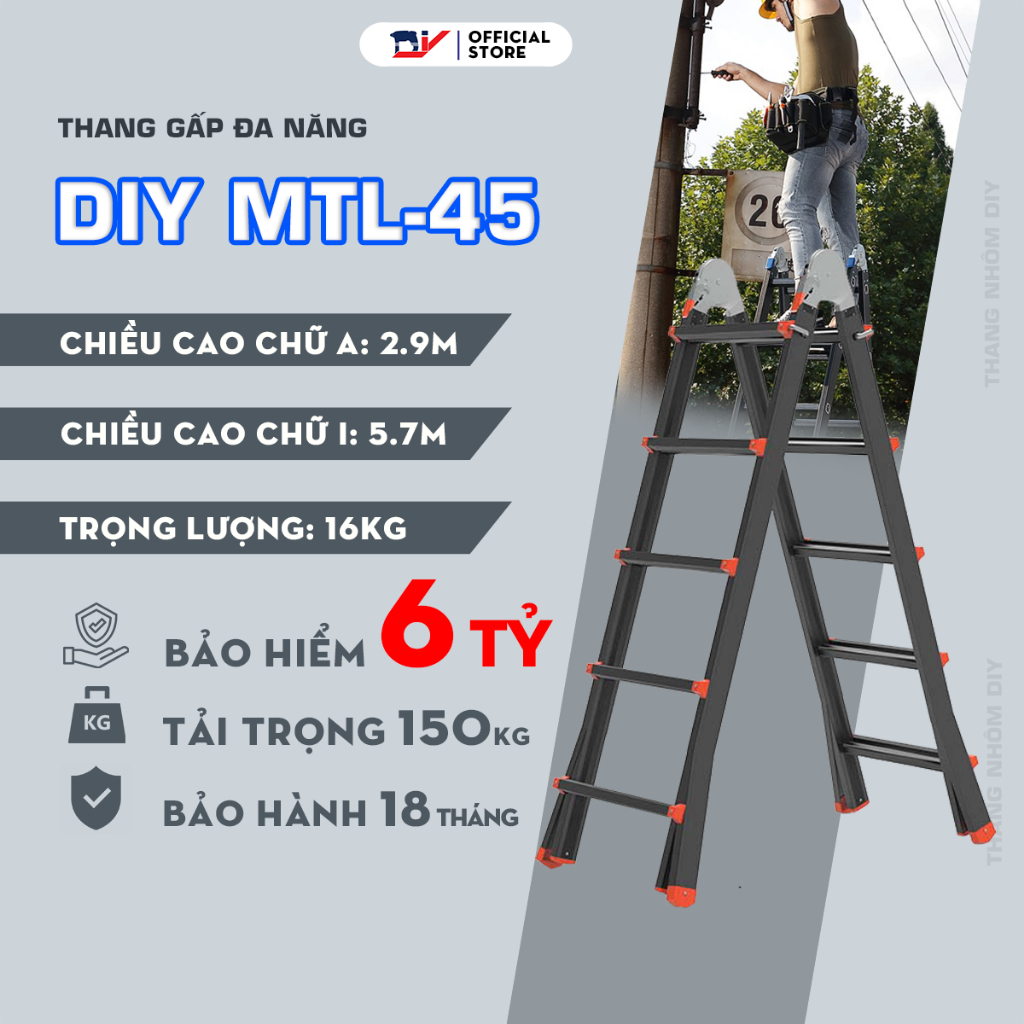 Thang Nhôm Gấp Đa Năng DIY MTL-45 chiều cao tối đa chữ A 2.9m, chữ I 5.7m