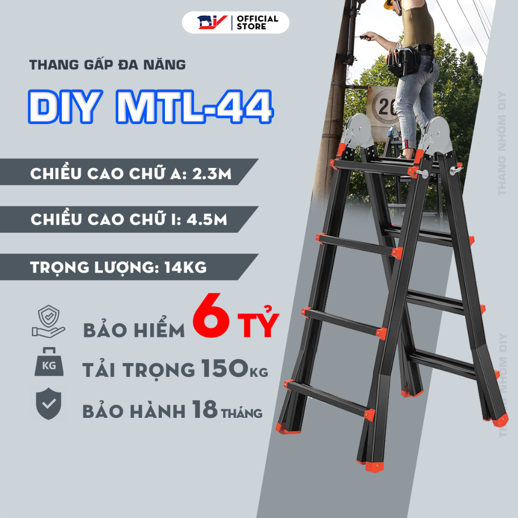 Thang Nhôm Gấp Đa Năng DIY MTL-44 chiều cao sử dụng tối đa chữ A 2.3m, chữ I 4.5m