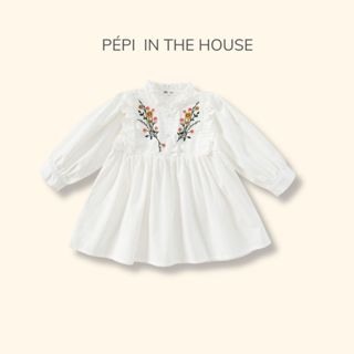 Đầm babydoll linen bé gái, đầm cổ trụ, họa tiết thêu hoa  - Quần áo trẻ em PÉPI IN THE HOUSE