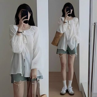 Áo sơ mi kiểu nữ, Áo sơ mi cổ bèo phối dây nơ kẻ ly bên dài tay khuy bọc thanh lịch