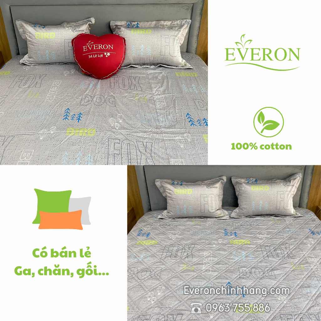 Bộ ga chun/chun trần, chăn, vỏ gối màu ghi everon epm 20051 cotton sale