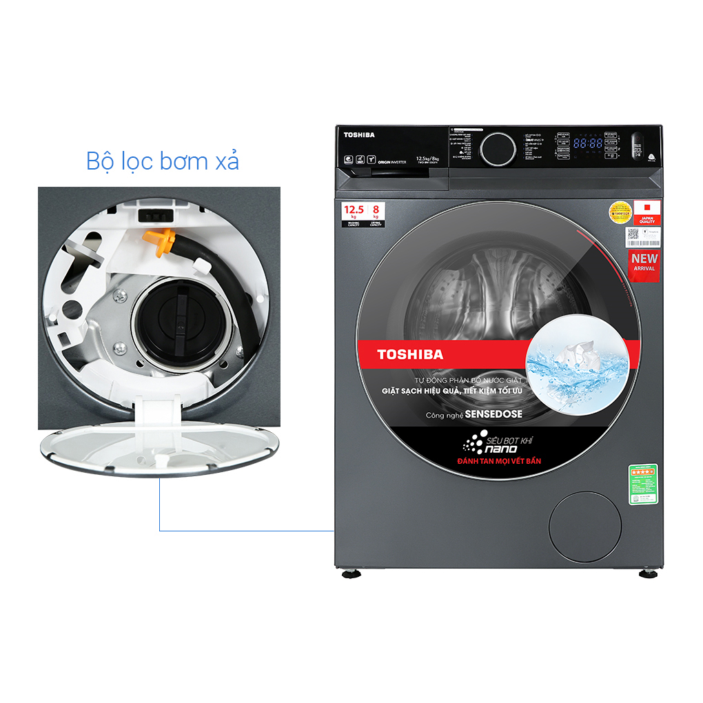 Máy giặt sấy Toshiba Inverter giặt 12.5 kg - sấy 8 kg TWD-BM135GF4V