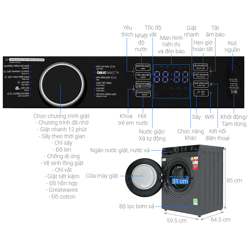 Máy giặt sấy Toshiba Inverter giặt 12.5 kg - sấy 8 kg TWD-BM135GF4V