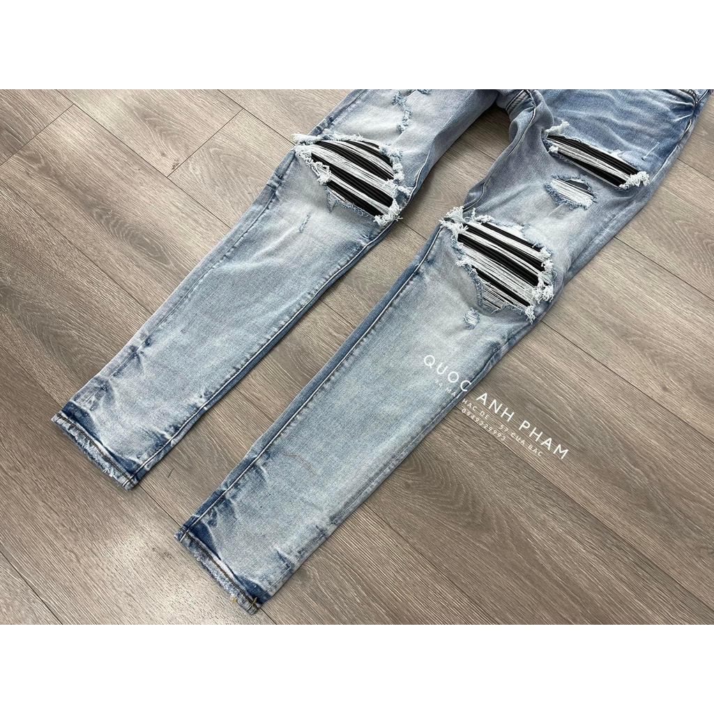 Quần AMIRI 4 Cúc Xanh Khói Gối Vá Da Quần Skinny Jean Amiri Nam Rách Gối Da Đen Trắng Đỏ Vá Họa Tiết Hot