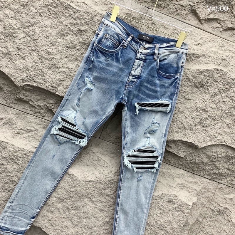 Quần AMIRI 4 Cúc Xanh Khói Gối Vá Da Quần Skinny Jean Amiri Nam Rách Gối Da Đen Trắng Đỏ Vá Họa Tiết Hot