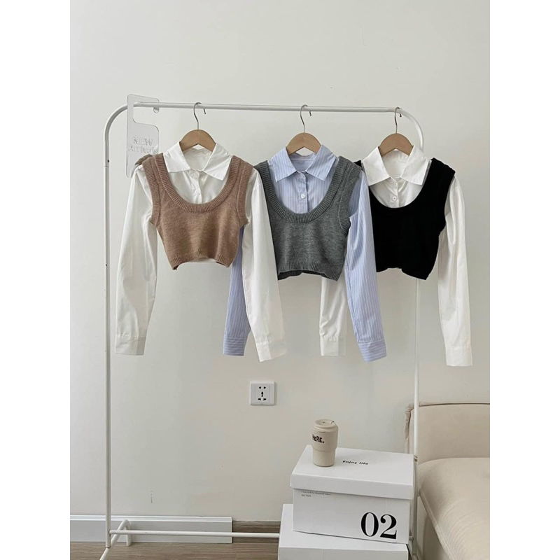 SET ÁO GILE LEN MIX SƠMI DÁNG CROPTOP 1711 hàng Quảng Châu