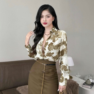 Áo sơ mi nữ hoa loang xanh rêu A44 from áo rộng cổ đức phong cách thời trang trẻ trung cá tính