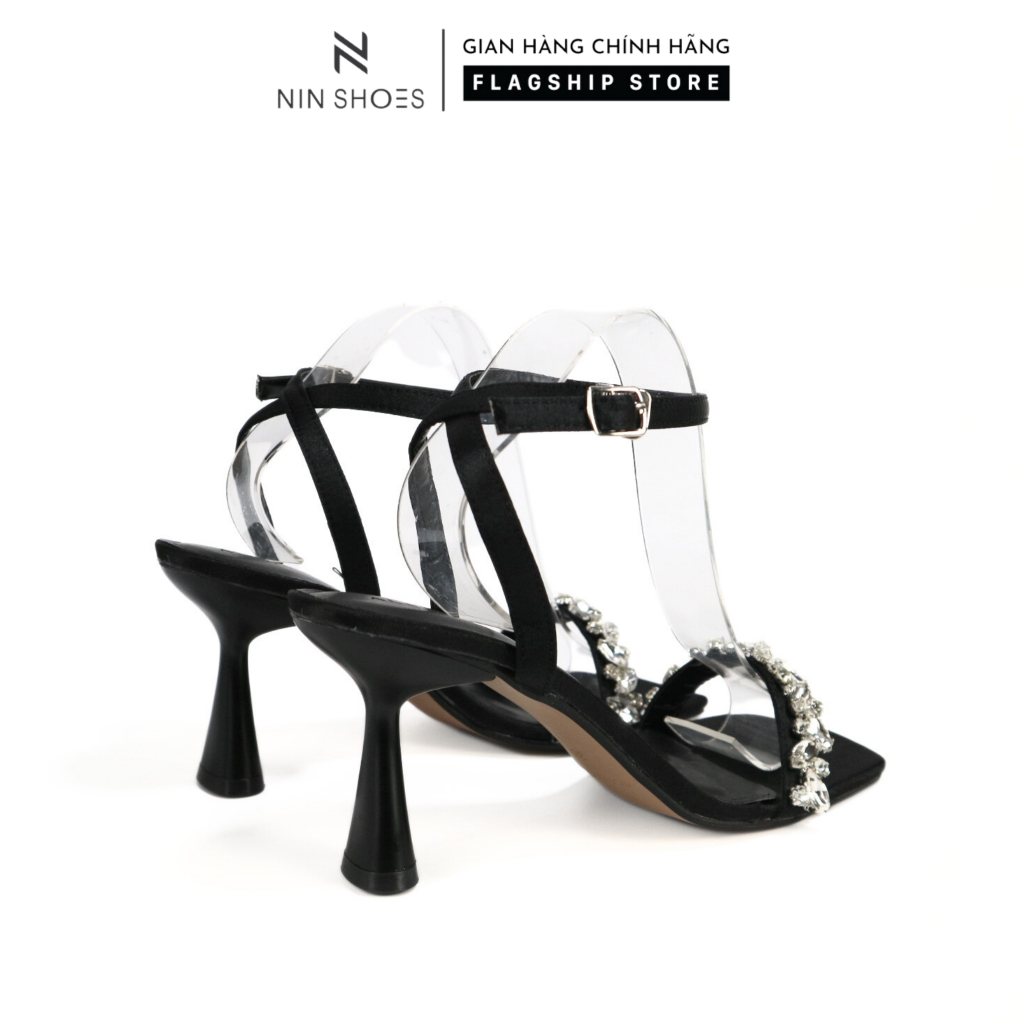 Giày cao gót đế 6cm Ninshoes giày sandal nữ đính đá đế bầu mũi vuông quai cài hở sau -SDM025