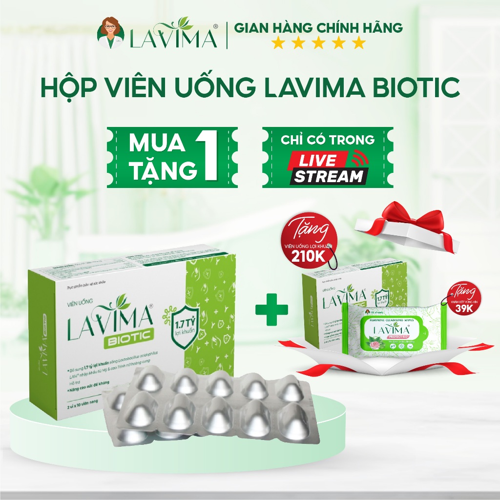 [MUA 1 TẶNG 2] 02 Hộp Viên Uống Phụ Khoa, Men Vi Sinh Vùng Kín Lavima biotic và Gói khăn ướt Lavima protect 4.0