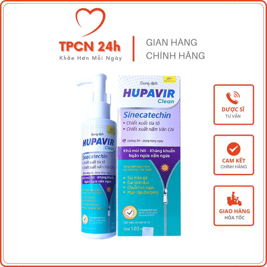 Dung dịch vệ sinh Hupavir Sinecatechin Clean 120ml - Hỗ trợ Sùi mào gà, gai, herpes, HPV rửa hàng ngày cho cả nam và nữ