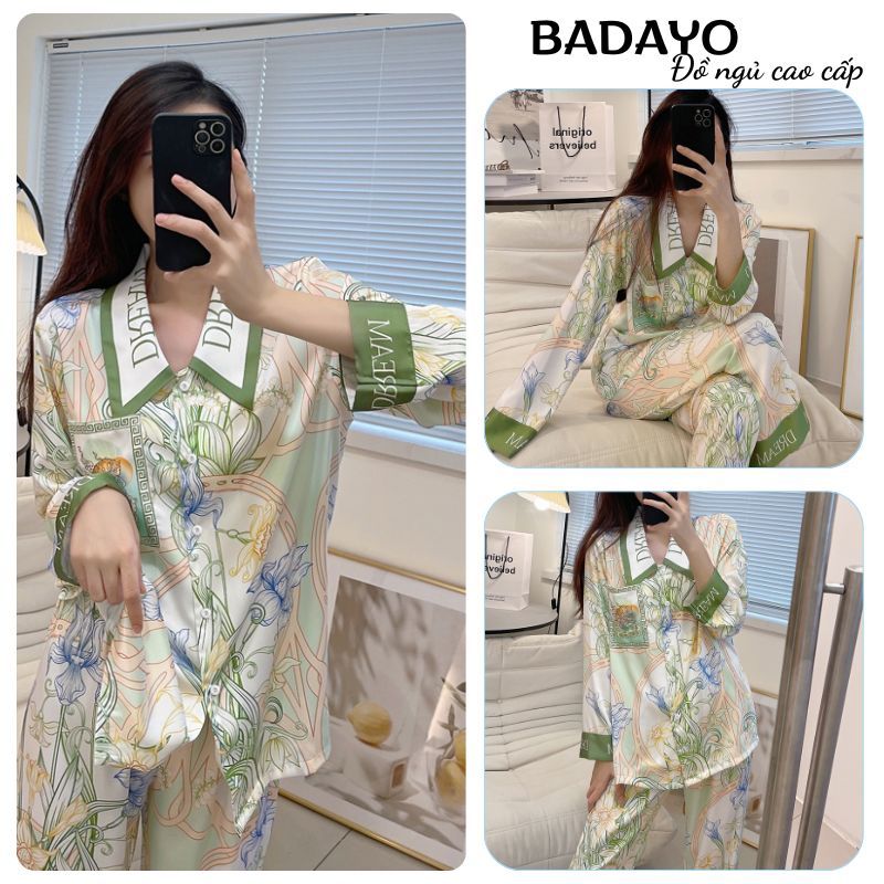 Đồ ngủ nữ bộ pijama dài tay cổ V in họa tiết siêu sang chảnh BADAYO