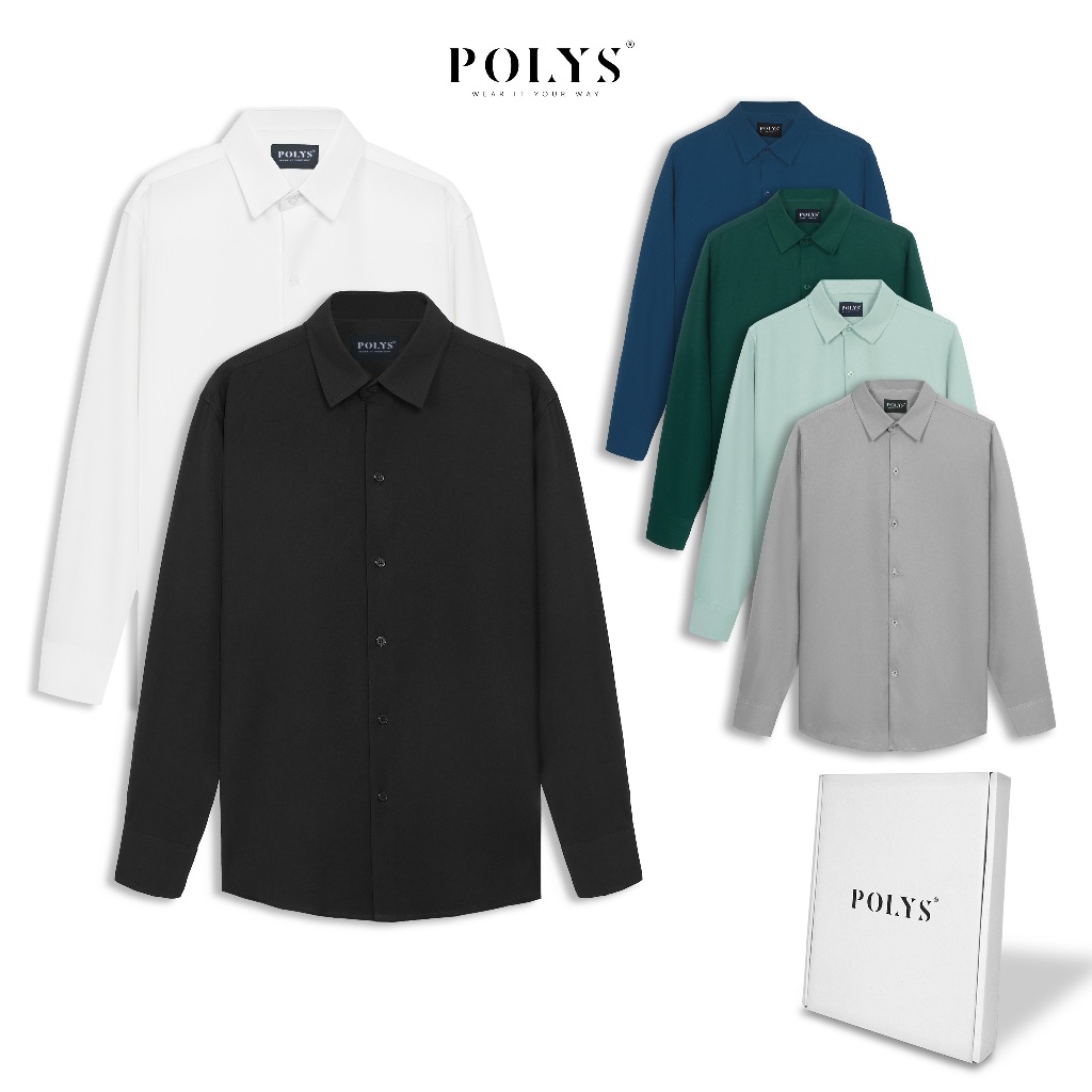 Áo sơ mi nam tay dài POLYS Fullbox, Vải Chéo dày dặn, co giãn, thoáng khí. Áo sơ mi trơn cổ bẻ dài tay 6 màu LONG SLEEVE