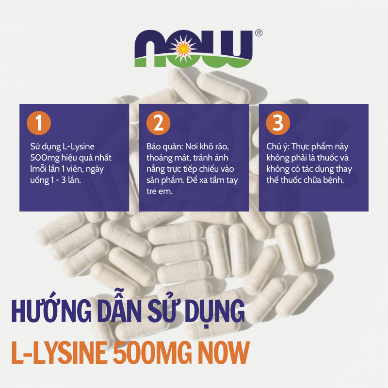 Viên uống tăng sinh collagen Now L-Lysine 500mg/L-Lysine 1000mg giúp giảm mụn đẹp da 100 viên