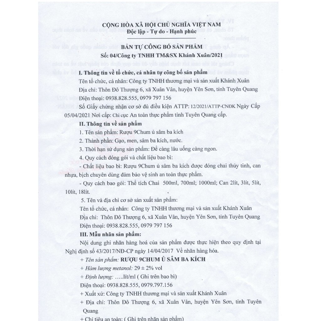 Rượu 9Chum Sâm Ba Kích Chai 500ML