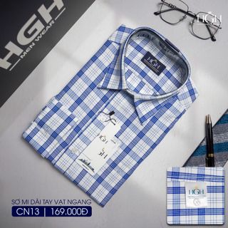 Áo Sơ Mi Trung Niên Nam Dài Tay Dáng Suông Vạt Ngang HGH FASHION Họa Tiết Kẻ Caro Màu Xanh Trắng Vải Cotton Cao Cấp