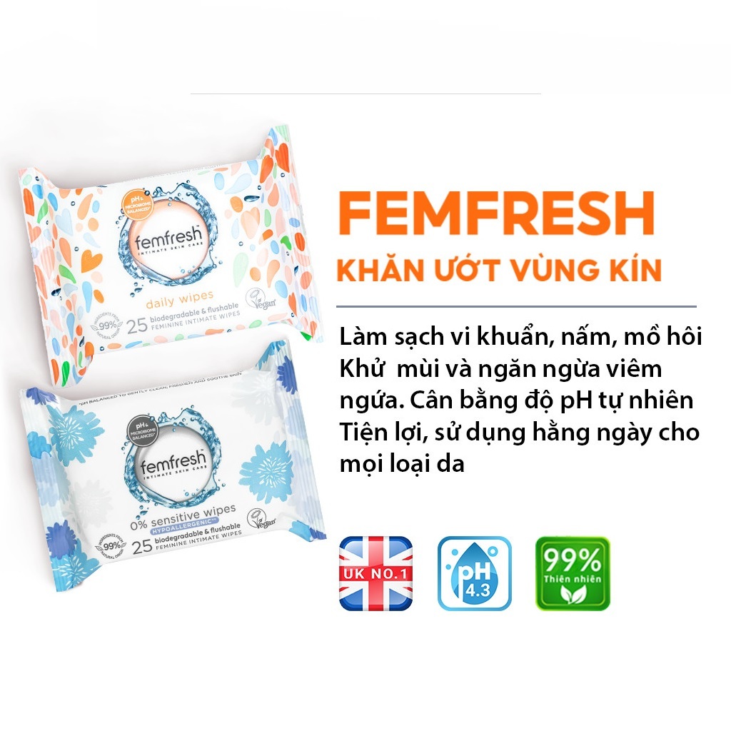 Khăn giấy ướt vệ sinh vùng kín phụ nữ cao cấp Femfresh Anh Quốc - 25 tờ/gói